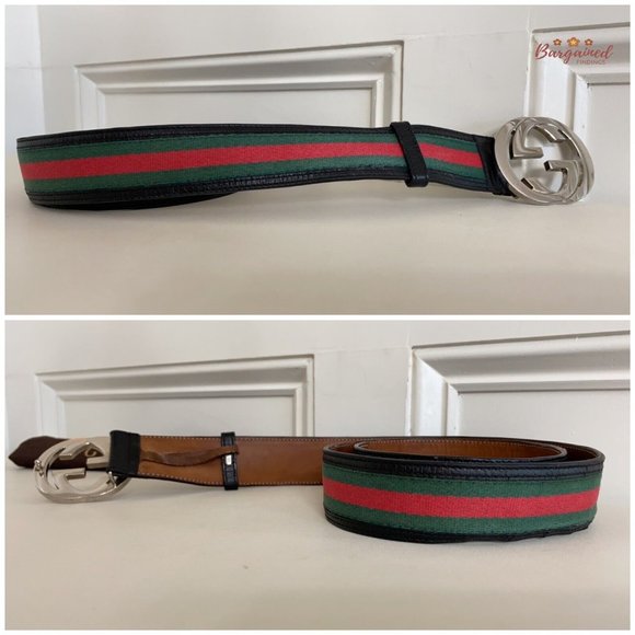 Authentic Gucci Web Green/Red Canvas Silver Interlocking G Buckle Belt 100/40 - Picture 10 of 13